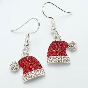 Santa Hat Christmas Dangle Drop Earrings Zircon Bling Novelty Party